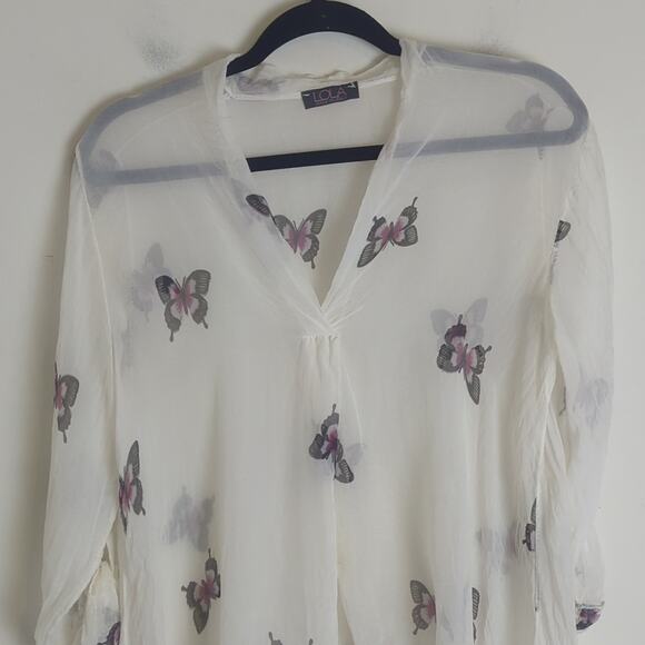 Lola Made in Italy White Butterfly Print Sheer Blouse Size Small - Picture 5 of 12